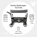 Faltbarer Bollerwagen FX-CT700 für 2 Kinder, grau, mit gepolstertem Innenraum, Sonnendach und Feststellbremsen, 75 kg Tragkraft