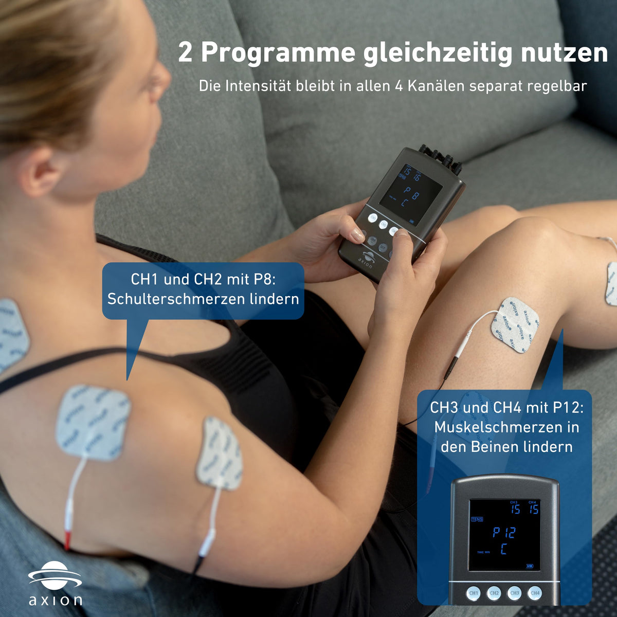 TENS-EMS Kombigerät X9B 4 Kanäle 60 Programme 99 Intensitätsstufen mit 12 Elektroden Ladegerät und Softcase