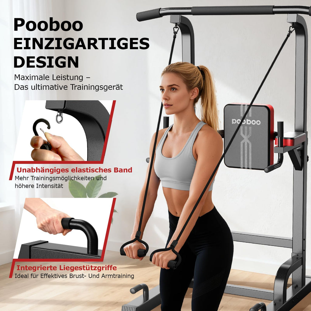 Power Tower Dip-Station mit Klimmzugstange, freistehend, 7-fach höhenverstellbar, bis 200 kg, inkl. Widerstandsband