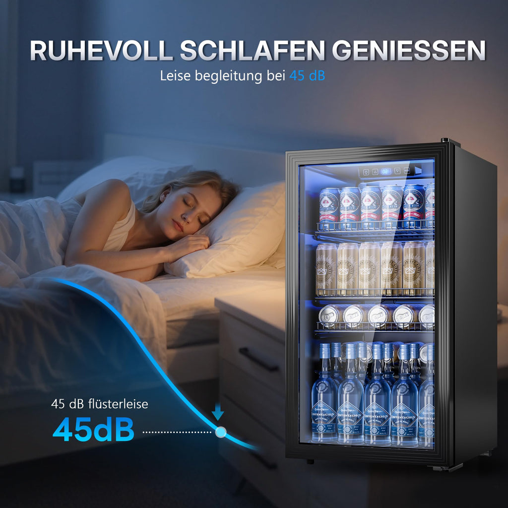 90L Getränkekühlschrank mit Glasfront und digitaler Temperaturregelung, für bis zu 128 Dosen, schwarz