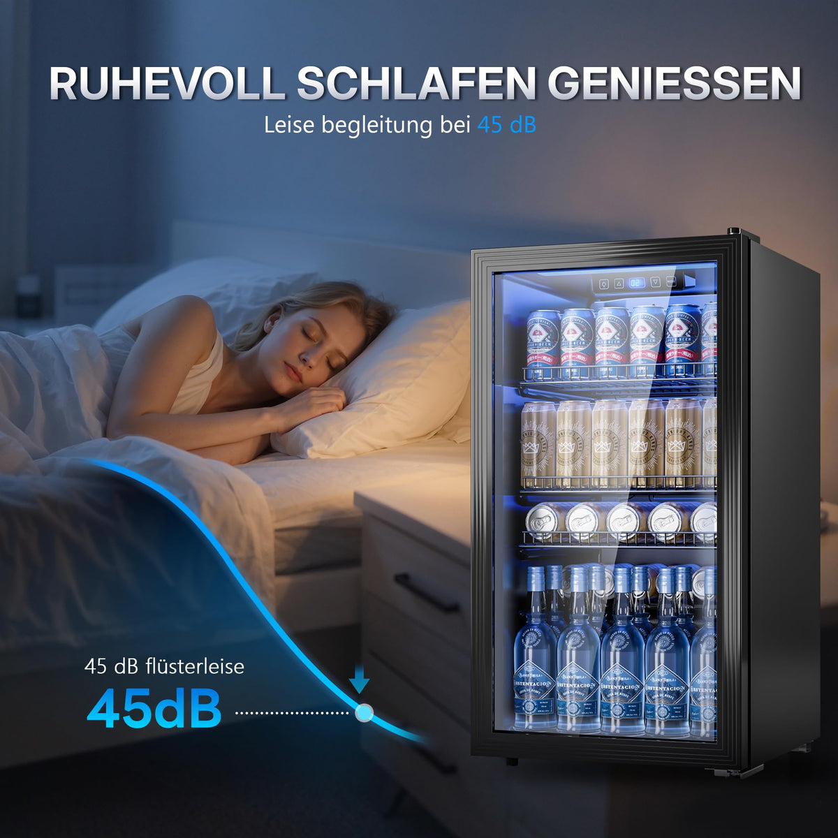 90L Getränkekühlschrank mit Glasfront und digitaler Temperaturregelung, für bis zu 128 Dosen, schwarz