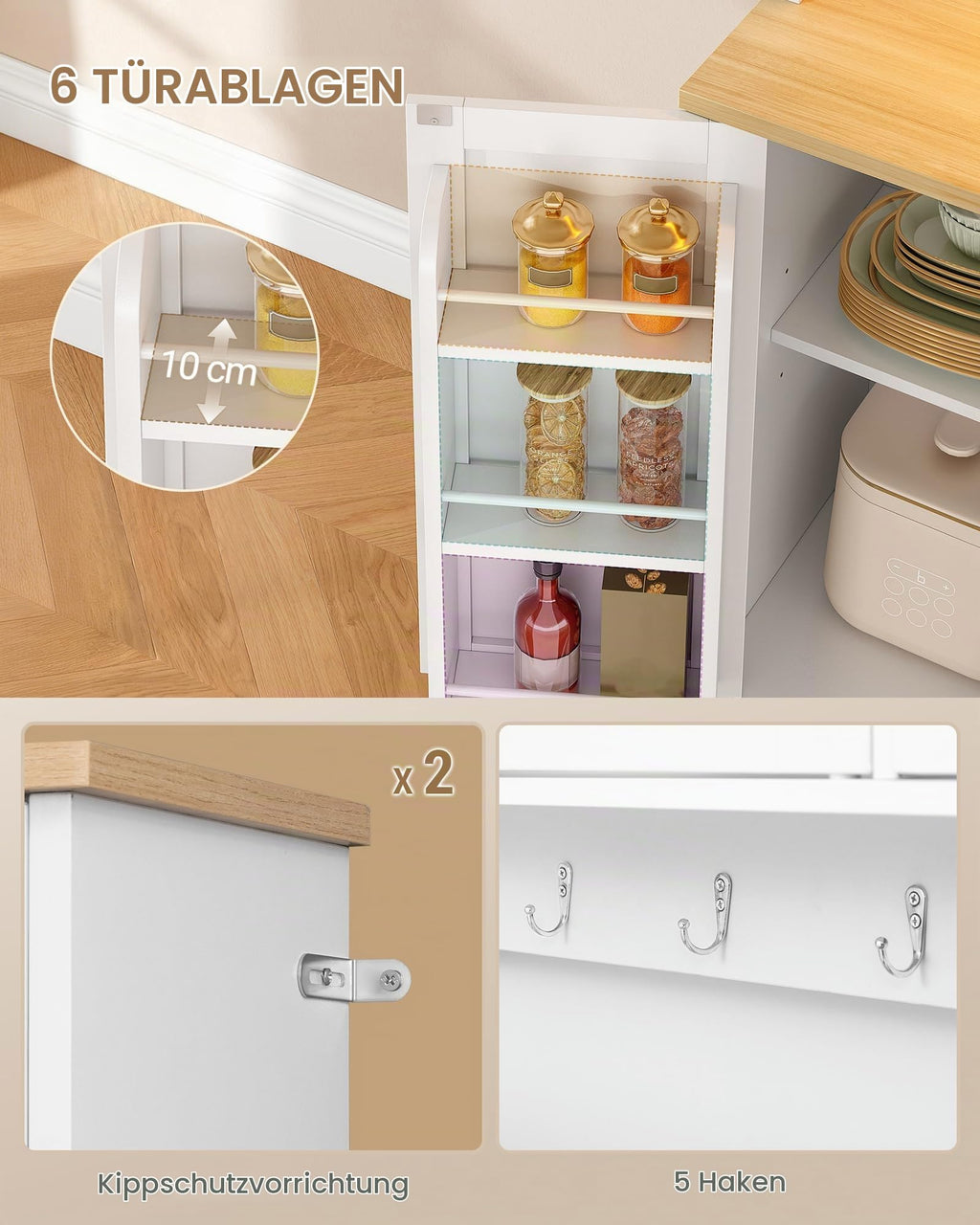 Buffetschrank Küchenschrank mit 3 Glastüren, 3 Schubladen und 6 Ablagen hinter den Türen, 100 cm breit