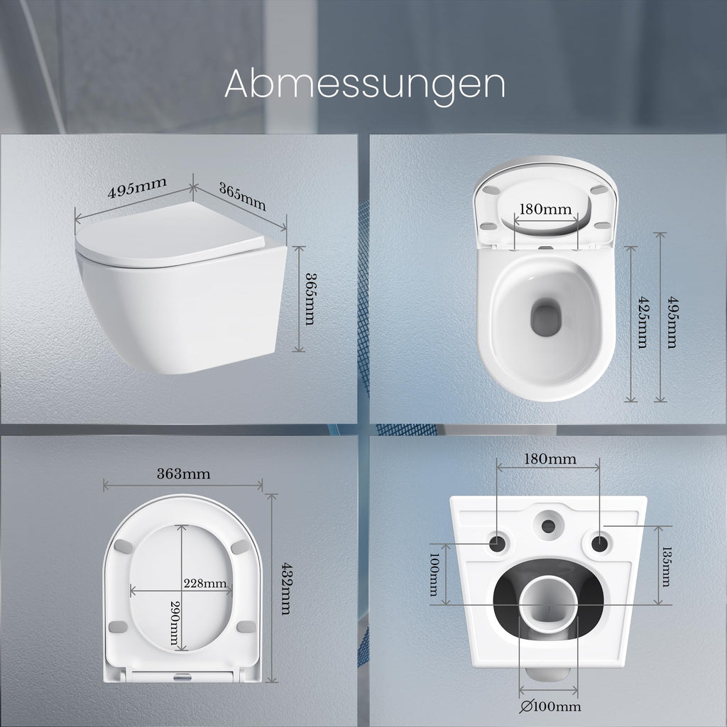 Hänge-WC spülrandlos mit 360° Tornado-Spülung, 3–4,5 l Wasserverbrauch, 58 dB leise und Soft-Close-Absenkautomatik, weiß