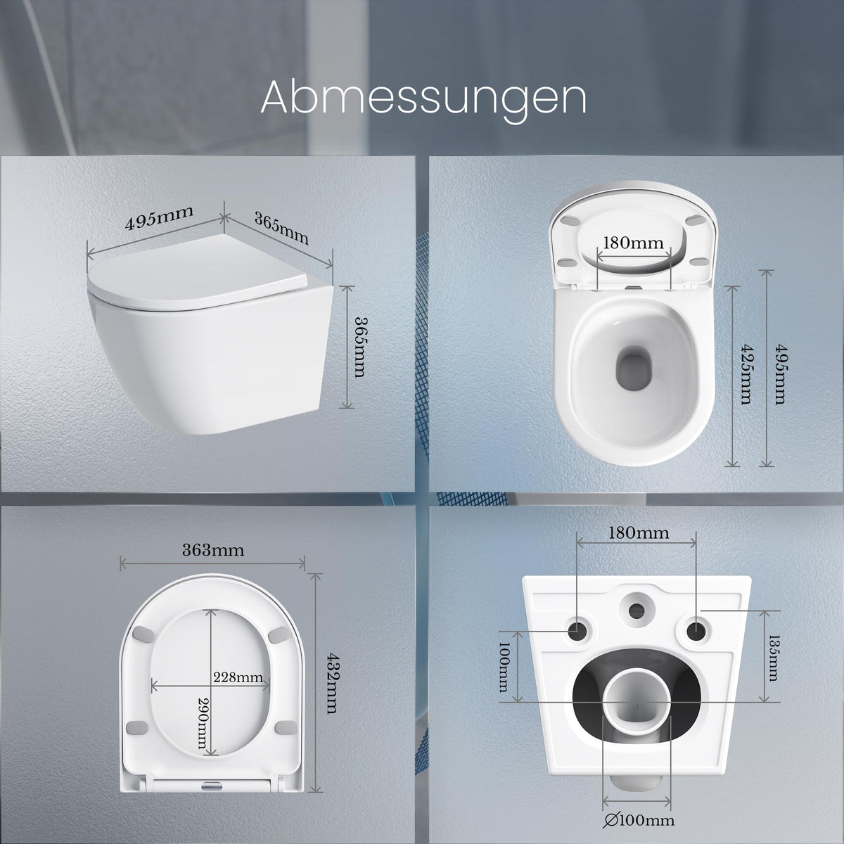 Hänge-WC spülrandlos mit 360° Tornado-Spülung, 3–4,5 l Wasserverbrauch, 58 dB leise und Soft-Close-Absenkautomatik, weiß