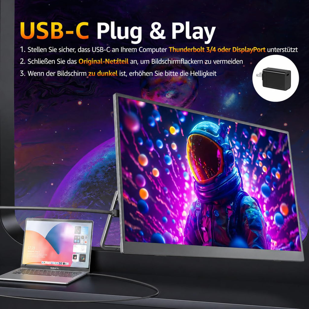 18,5 Zoll Tragbarer Monitor 1080P FHD IPS mit 100 Hz, 120 % sRGB, Lautsprechern, HDMI und USB-C für Laptop, MacBook, Surface, PC, Xbox, PS4/5