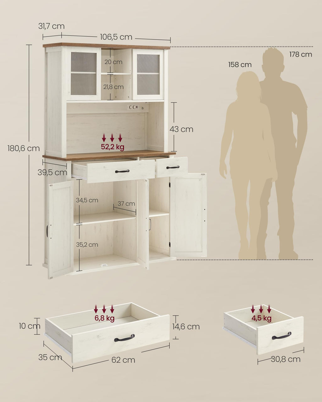 Sideboard mit Beleuchtung und Ladestation, Küchenschrank mit 6 offenen Fächern, 2 Schubladen und Schiebetüren, 106,5 cm breit