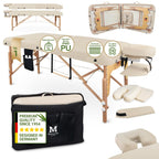 Mobile Massageliege klappbar und höhenverstellbar, extra breit 71 cm, aus Vollholz mit Kopfstütze, Armlehne und Zubehör, Creme