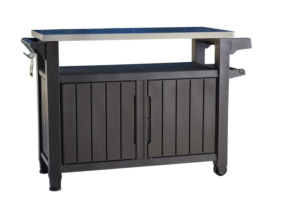 BBQ-Beistelltisch Unity XL, 134 x 51,7 x 89,6 cm, graphitgrau, wetterfest, mit Edelstahl-Arbeitsplatte, Besteckhaken, Küchenrollenhalter und
