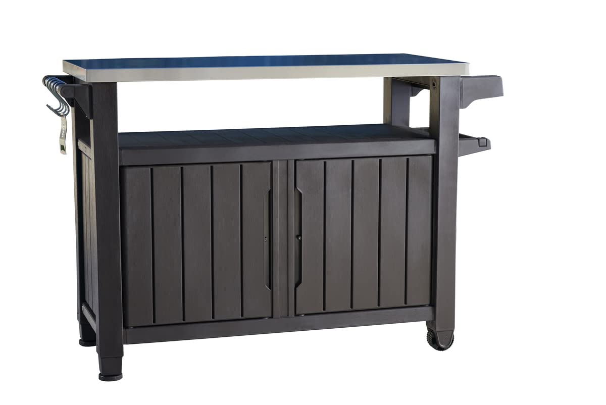 BBQ-Beistelltisch Unity XL, 134 x 51,7 x 89,6 cm, graphitgrau, wetterfest, mit Edelstahl-Arbeitsplatte, Besteckhaken, Küchenrollenhalter und