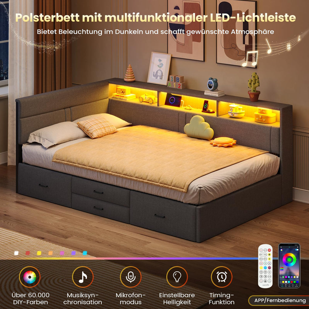 Polsterbett 90x200 cm mit LED-Beleuchtung USB-Ladestationen Stauraum und 4 Schubladen Dunkelgrau