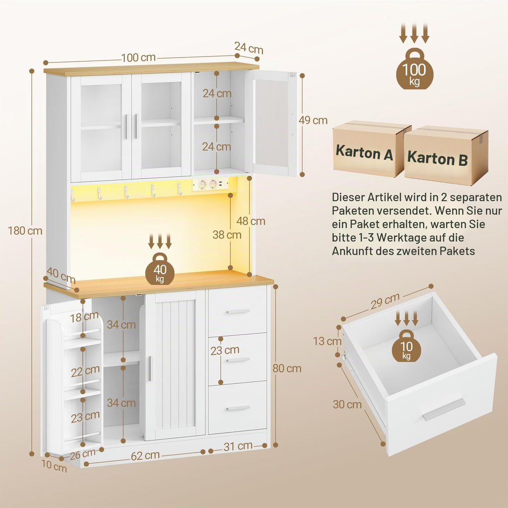 Buffetschrank Küchenschrank mit 3 Glastüren, 3 Schubladen und 6 Ablagen hinter den Türen, 100 cm breit