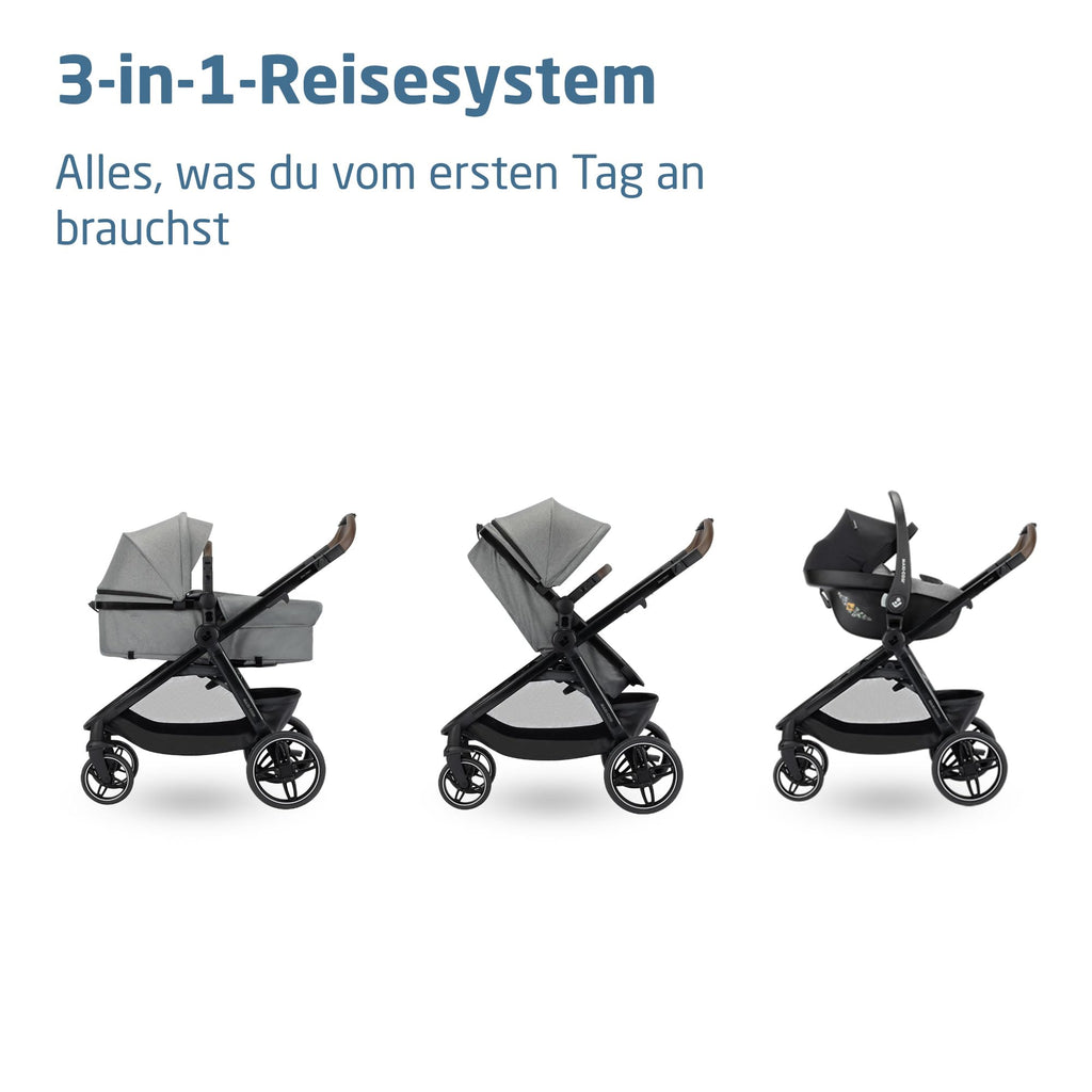 3-in-1 Kinderwagen Zelia Select mit Babyschale CabrioFix S i-Size, 0–22 kg, inkl. Wickeltasche und Regenverdeck, Grau