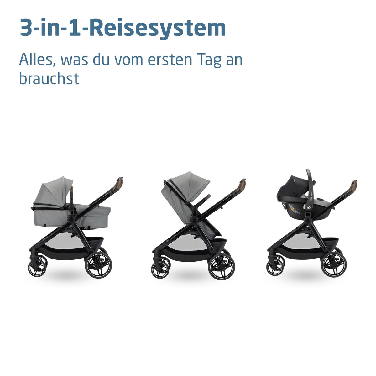 3-in-1 Kinderwagen Zelia Select mit Babyschale CabrioFix S i-Size, 0–22 kg, inkl. Wickeltasche und Regenverdeck, Grau