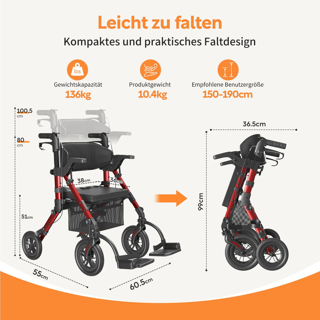 2-in-1 Rollstuhl Rollator faltbar aus Aluminium mit Sitz und Outdoor-Gummireifen, roter Gehwagen bis 136 kg
