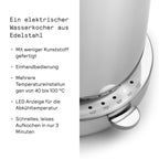 Wasserkocher aus Edelstahl mit Temperatureinstellungen, 1,2 L Fassungsvermögen, 360° drehbarem Sockel und tropffreiem Ausgießer