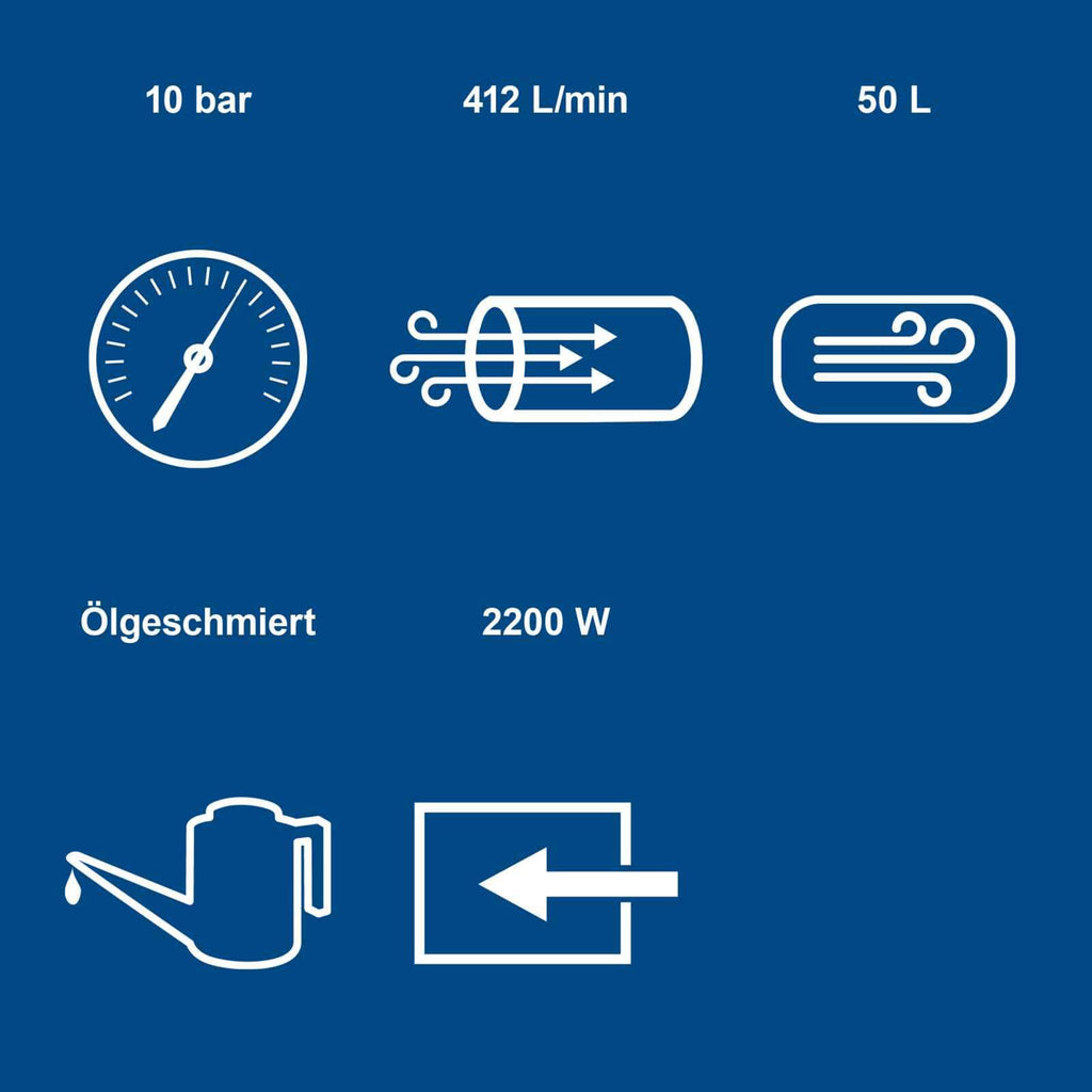 Druckluftkompressor HC53DC, 2200 W, 50 L Kessel, 10 bar, 412 L/min Ansaugleistung, ölgeschmiert, Doppelzylinder