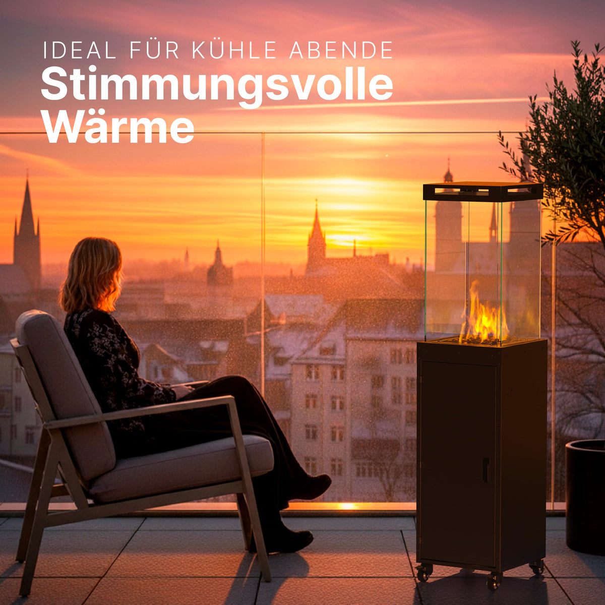Gas-Terrassenheizer mit Glaszylinder, 8 kW Heizpilz für Terrasse und Garten mit Kippschutz, Flammensensor und Abdeckung, 36 × 36 × 140,5 cm
