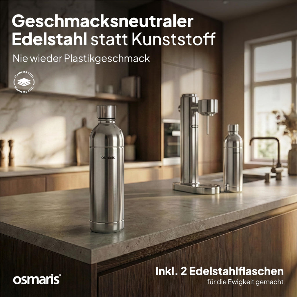 Wassersprudler aus Edelstahl mit 2x 1,1 L Edelstahlflaschen und Druckablassventil für geschmacksneutrales Sprudelwasser