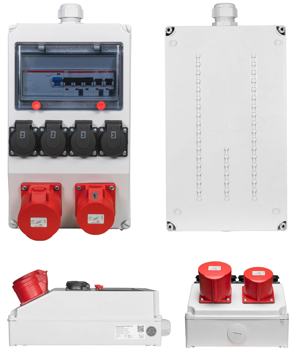 Wandverteiler Aufputz CEE 16A/32A mit 4 Schuko-Steckdosen und FI-Schutzschalter, IP54