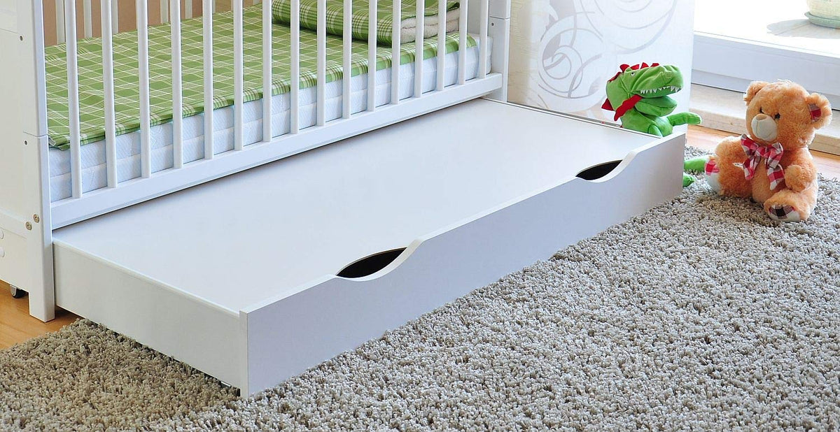 Babybett mit Schublade und Aloe-Vera-Schaumstoffmatratze, höhenverstellbar und umbaubar zum Juniorbett, in Weiß