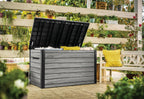 Auflagenbox 870 l aus Kunststoff in Holzoptik mit Belüftung Gasdruckfedern abschließbar 147 x 83 x 86 cm