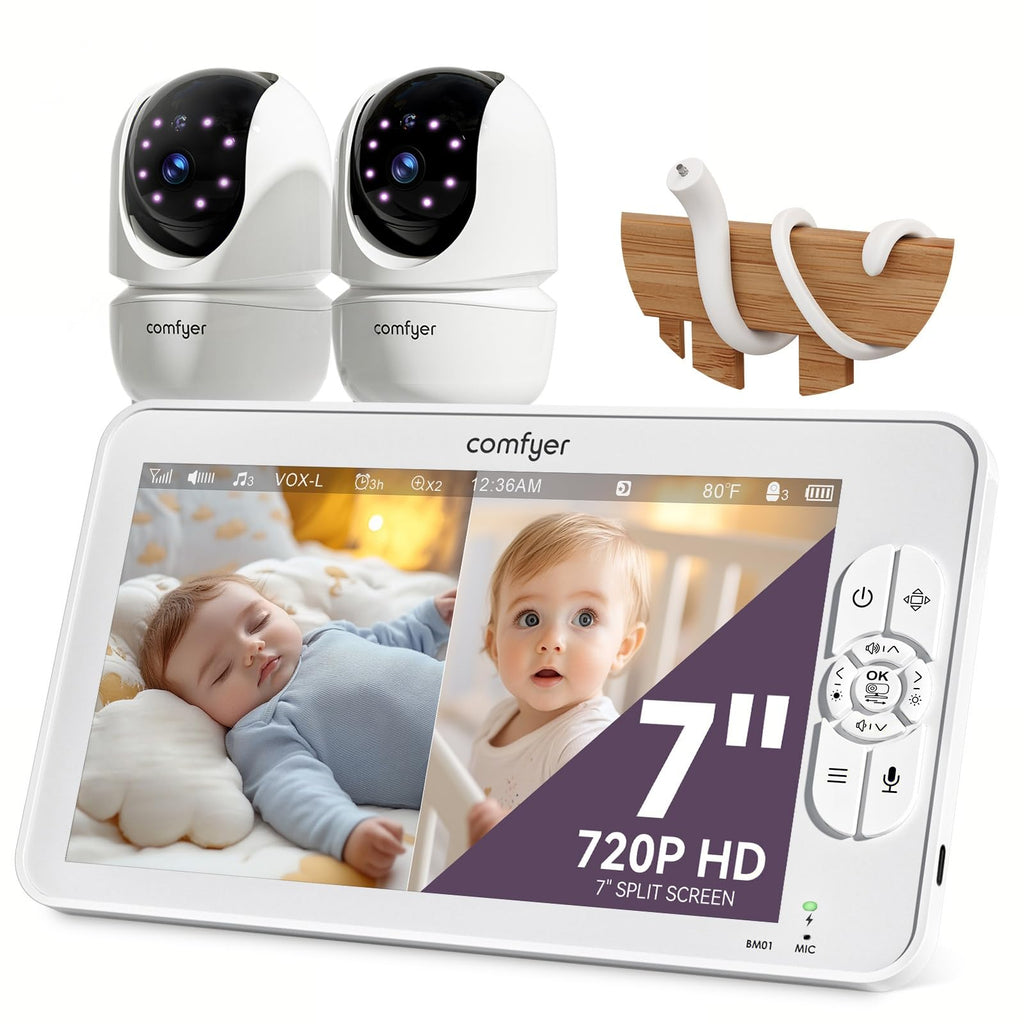 Babyphone mit 2 Kameras und 7"""" HD-Display, Split-Screen-Überwachung ohne WLAN, 6000mAh Akku, Nachtsicht und VOX-Modus