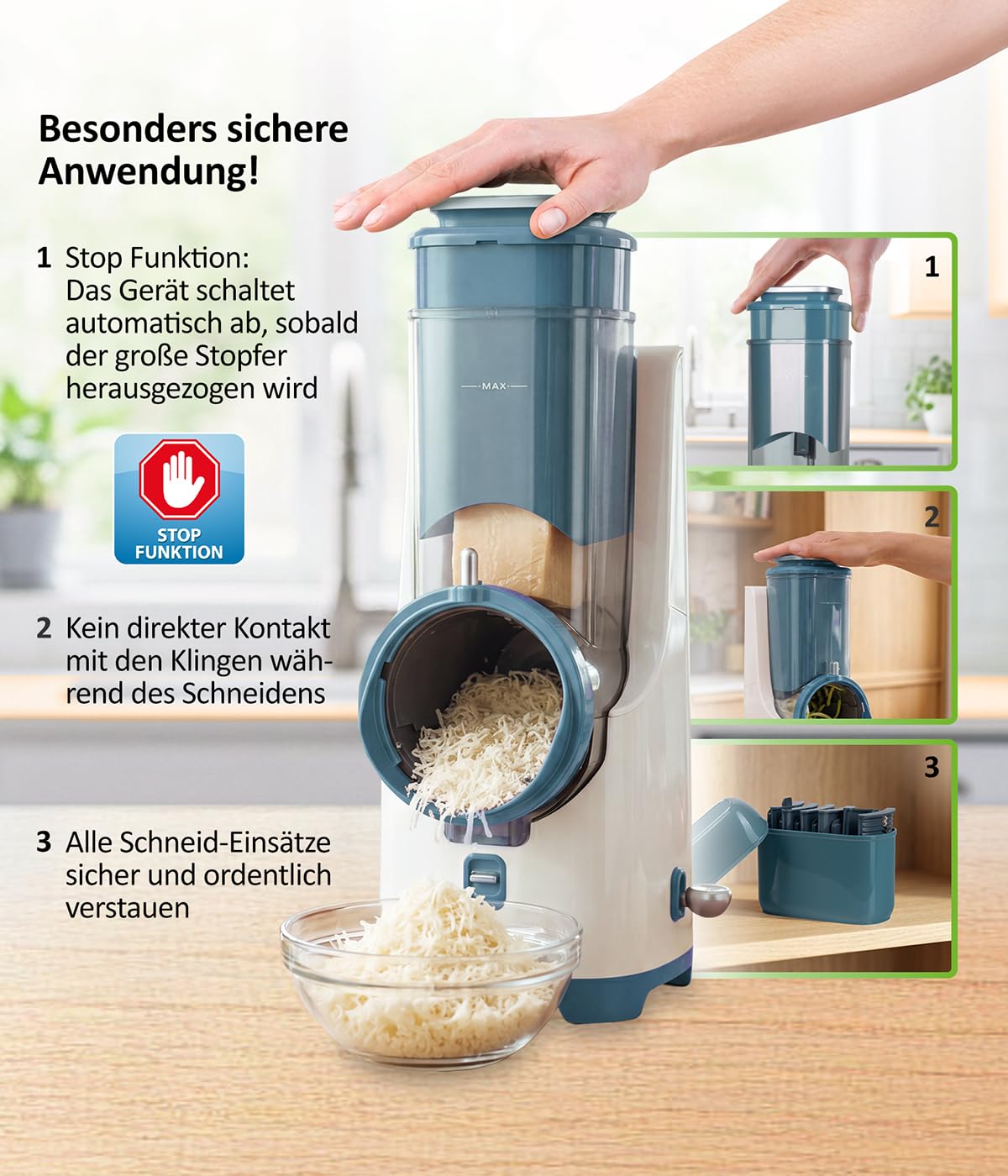Elektrischer Gemüseschneider Nicer Dicer Electro PRO Set 32-teilig in Sage mit 9 Einsätzen zum Reiben, Hobeln, Würfeln und Schneiden