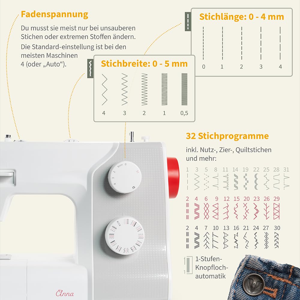Freiarm-Nähmaschine mit Fußpedal, 32 Stiche, Einfädelhilfe und Auto-Fadenspannung