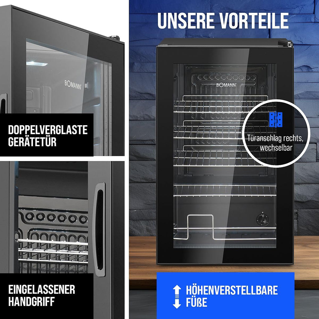 Flaschenkühlschrank 63 L mit Glastür, bis zu 89 Dosen, 4 Ablagen, LED-Beleuchtung, KSG 7287