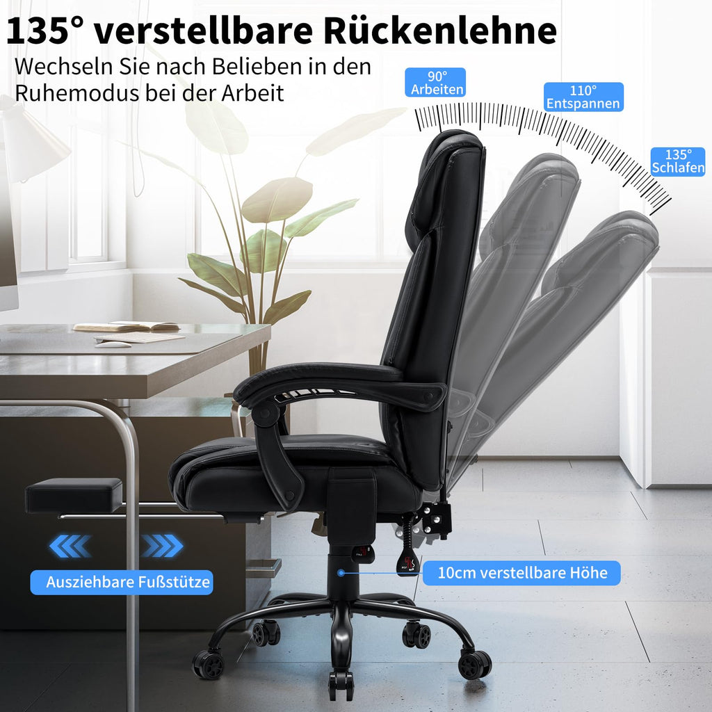 Ergonomischer Bürostuhl mit Massage- und Heizfunktion, schwarzer Chefsessel bis 200 kg mit Fußstütze und 135° neigbarer Rückenlehne