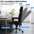 Ergonomischer Bürostuhl mit Massage- und Heizfunktion, schwarzer Chefsessel bis 200 kg mit Fußstütze und 135° neigbarer Rückenlehne