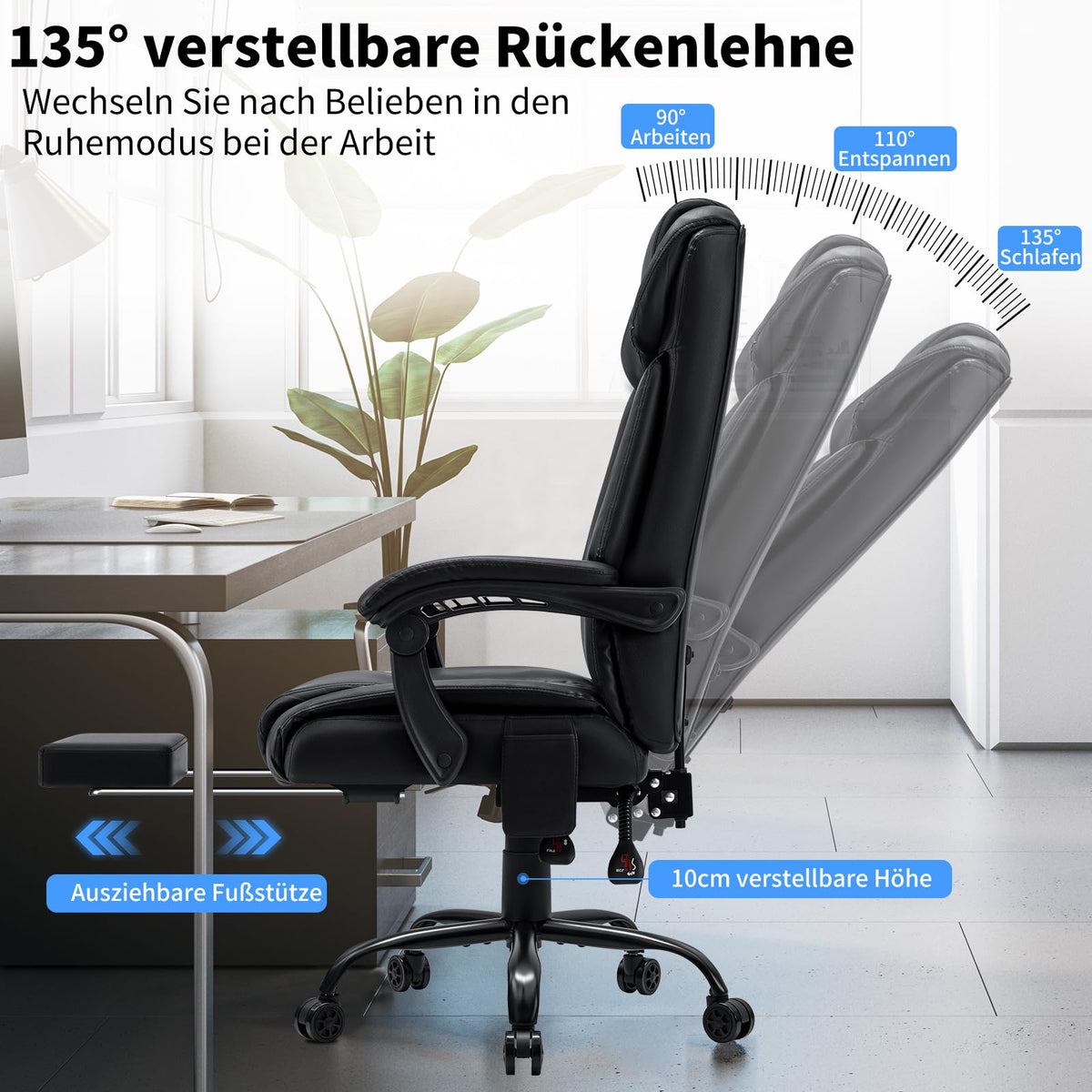 Ergonomischer Bürostuhl mit Massage- und Heizfunktion, schwarzer Chefsessel bis 200 kg mit Fußstütze und 135° neigbarer Rückenlehne