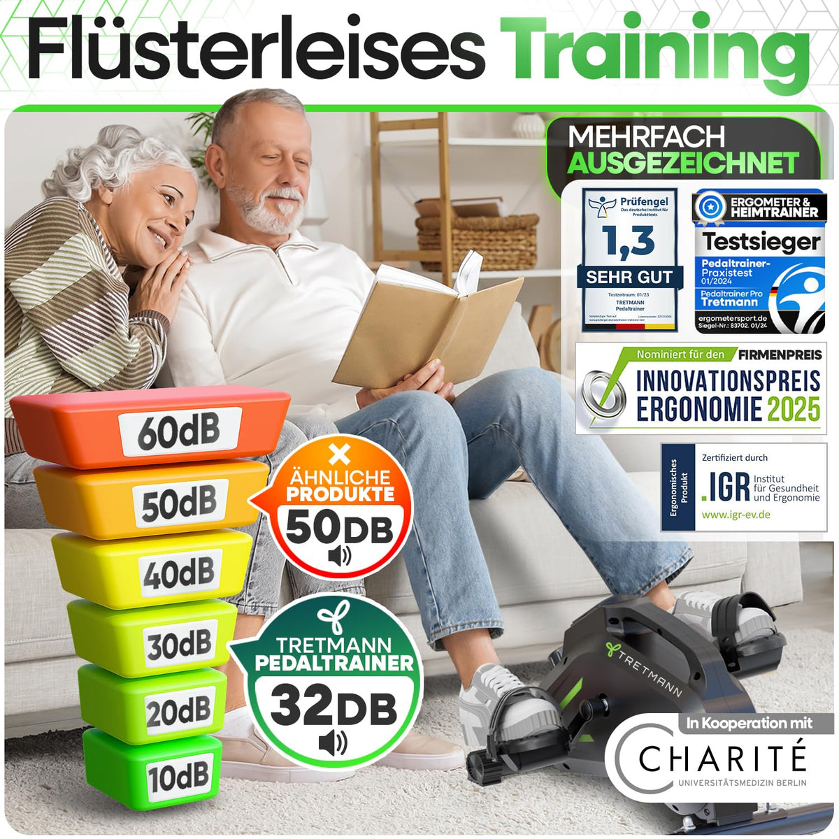 Pedaltrainer Pro mit Anti-Rutsch-Set, Mini-Heimtrainer für Beine, bis 150 kg, leise