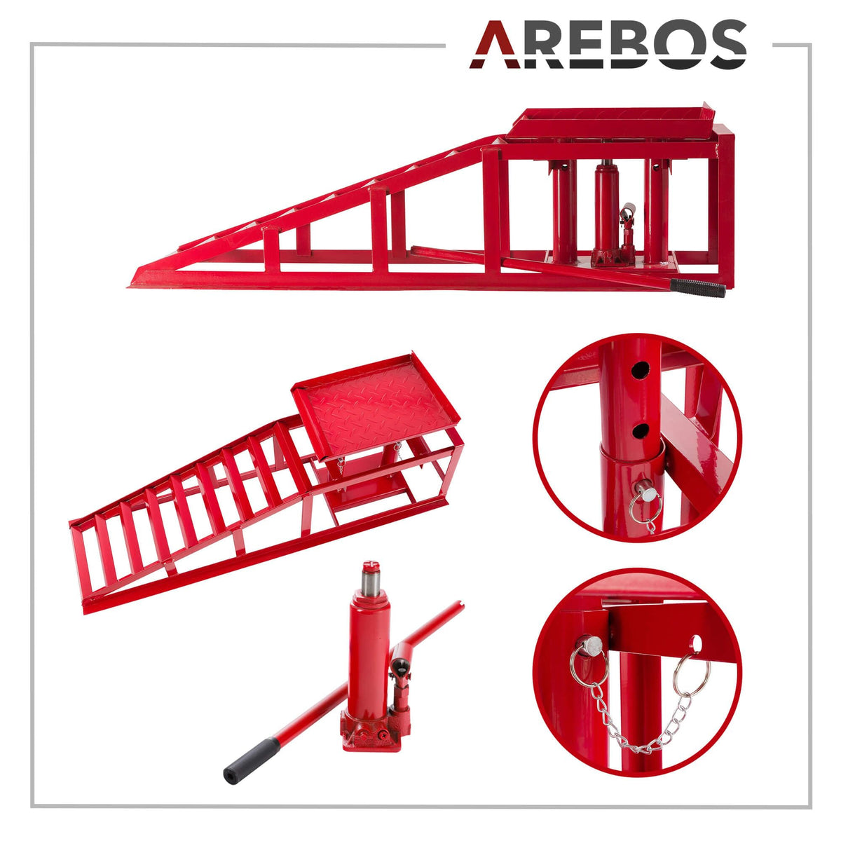 2 Auffahrrampen mit hydraulischem Wagenheber, höhenverstellbar von 290 bis 375 mm, Belastbarkeit 2 t, für PKW und Kleintransporter