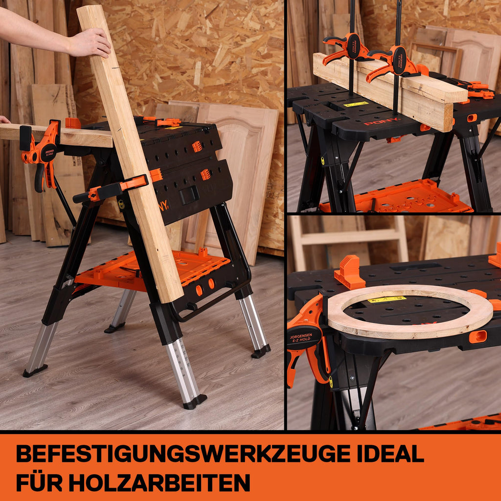 Klappbare 2-in-1 Werkbank und Sägebock 454 kg Belastbarkeit mit 4 Schraubzwingen 6-fach höhenverstellbar