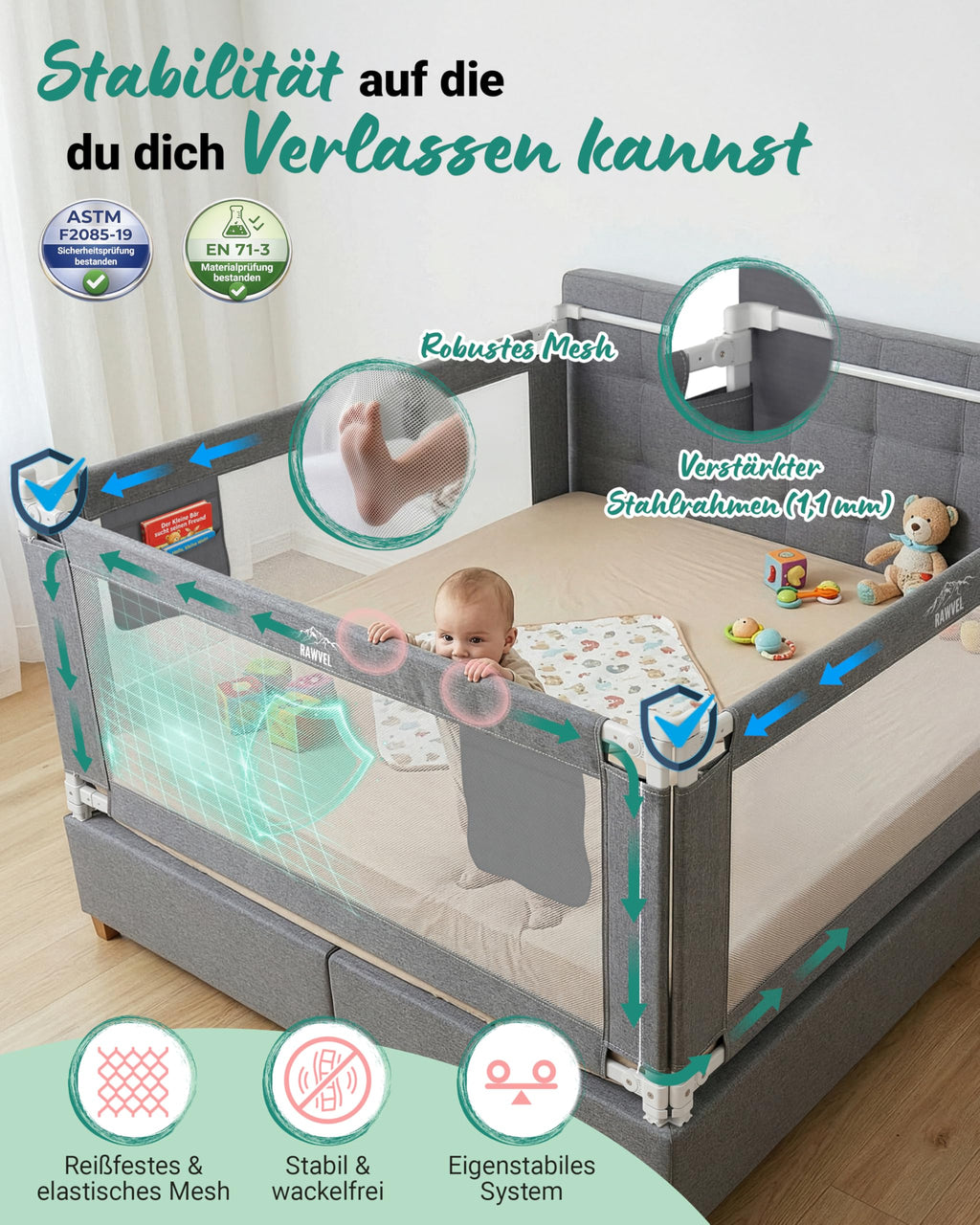 Bettgitter Rausfallschutz für Boxspringbett 180x200 cm, 3-Seiten-Komplettset mit Stange, höhenverstellbar 74-95 cm, grau
