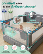 Bettgitter Rausfallschutz für Boxspringbett 180x200 cm, 3-Seiten-Komplettset mit Stange, höhenverstellbar 74-95 cm, grau