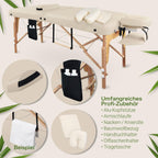 Mobile Massageliege klappbar und höhenverstellbar, extra breit 71 cm, aus Vollholz mit Kopfstütze, Armlehne und Zubehör, Creme