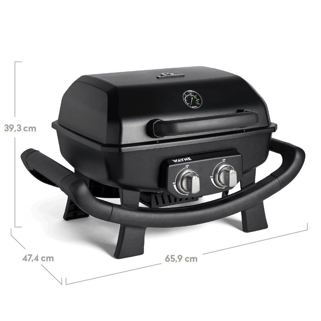 Tragbarer Gasgrill Wayne mit 2 Brennern, 4,4 kW, Aludruckguss, Gusseisenrosten und Abdeckhaube