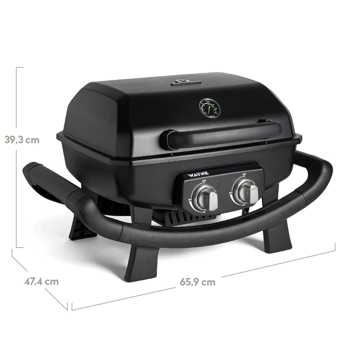 Tragbarer Gasgrill Wayne mit 2 Brennern, 4,4 kW, Aludruckguss, Gusseisenrosten und Abdeckhaube