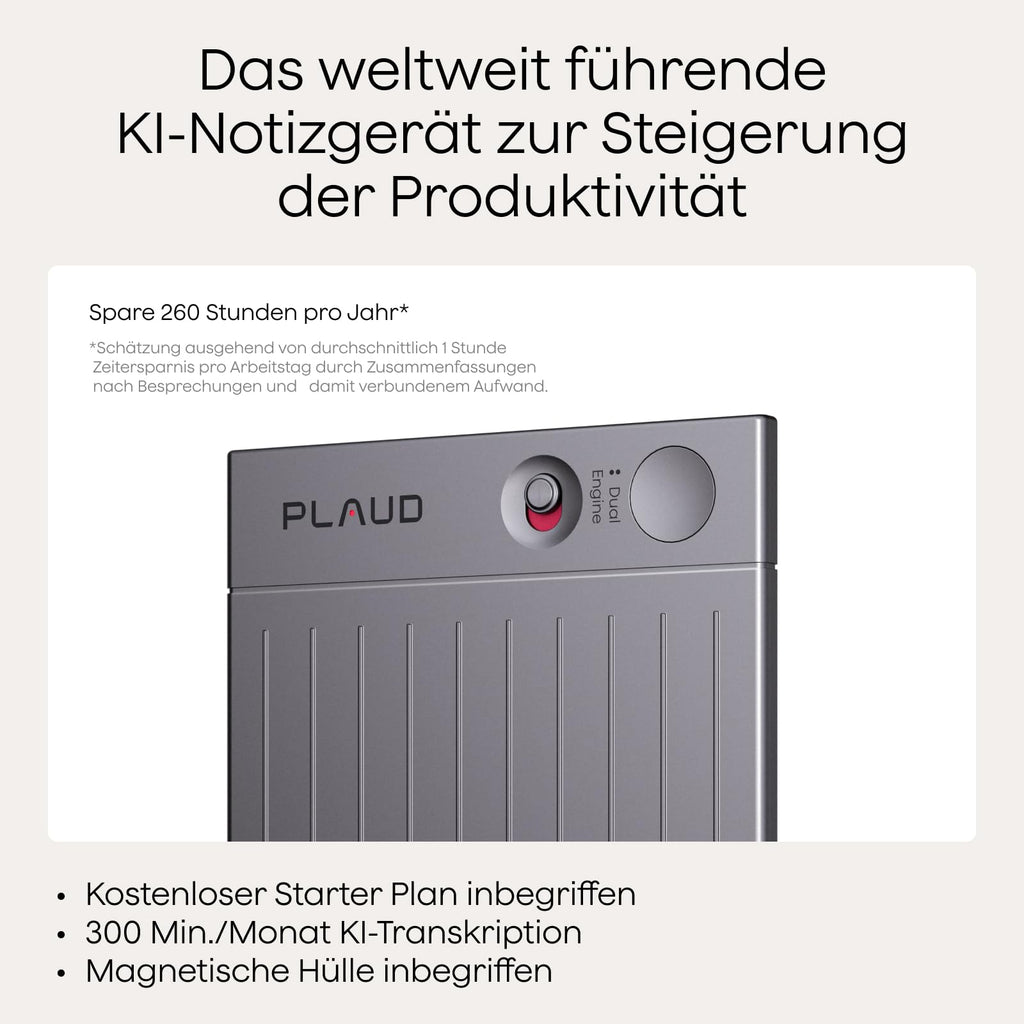 KI-Diktiergerät Plaud Note mit 64 GB, 30 Std. Aufnahme und magnetischer Hülle in Schwarz