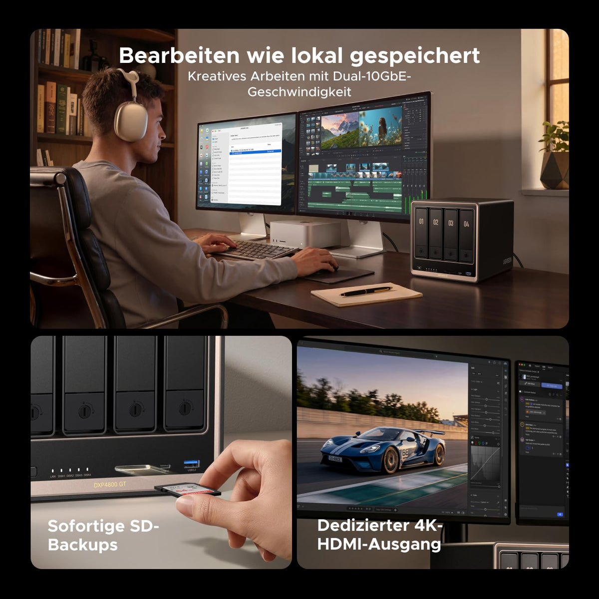 4-Bay NAS ohne HDD mit AMD Ryzen Embedded R2514, Dual 10GbE und U.2- sowie M.2-NVMe-Erweiterung für Creator und Büroteams