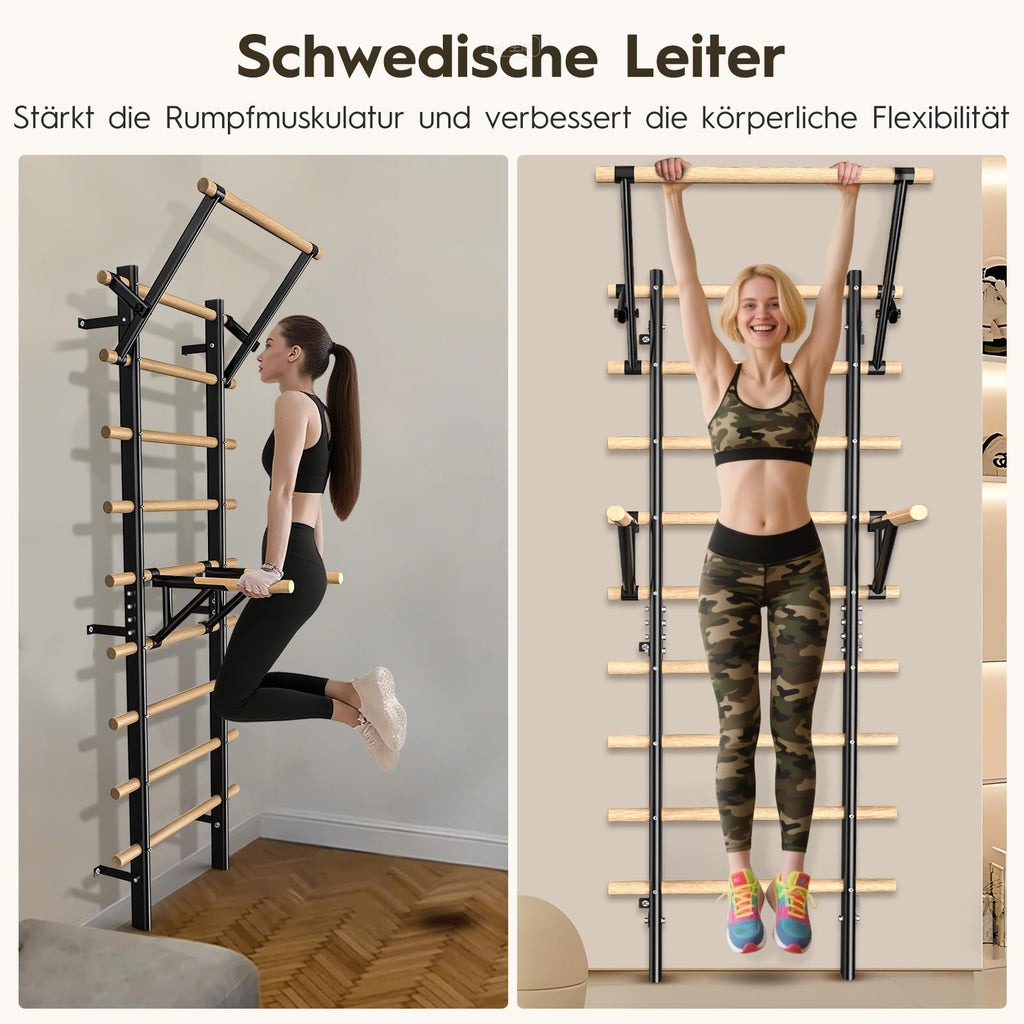 Sprossenwand mit Klimmzugstange und Dip-Barren aus Buchenholz, 220 cm, höhenverstellbar