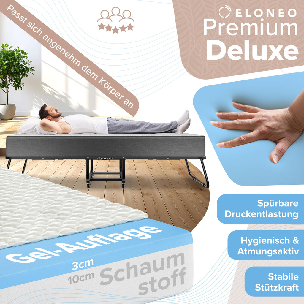 Klappbett 80x200 cm mit Memory-Schaum-Matratze, Gästebett bis 250 kg belastbar, Metallrahmen und Transportrollen inkl. Schutzhülle