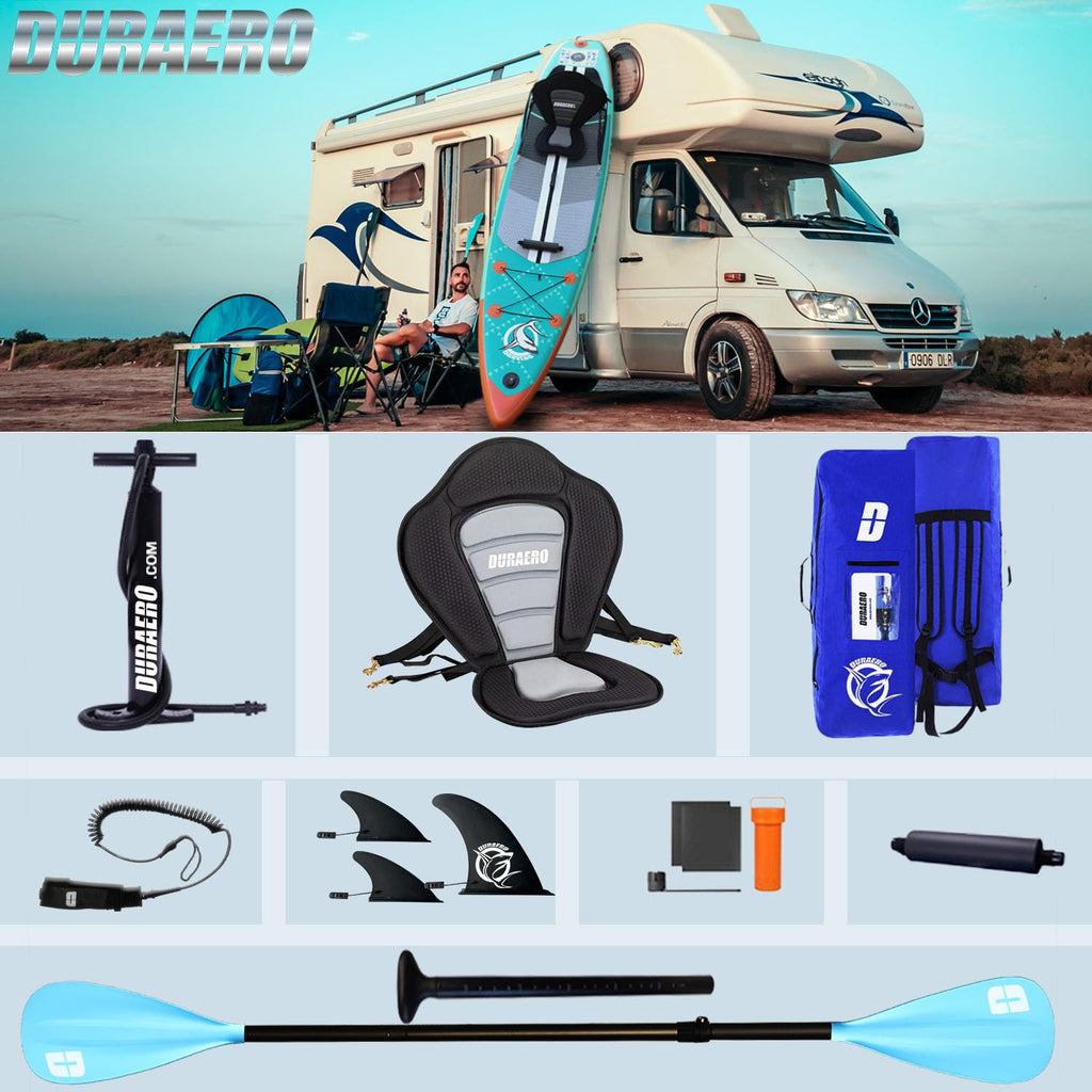Aufblasbares SUP Set mit Kajaksitz, 330x76x15 cm, Doppel-Paddel und Zubehör, Tragkraft bis 150 kg