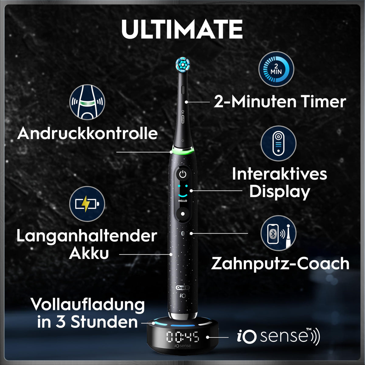 Elektrische Zahnbürste iO Series 10 mit iO Sense Ladestation, 3 Aufsteckbürsten, Lade-Reise-Etui und 7 Putzmodi in Cosmic Black