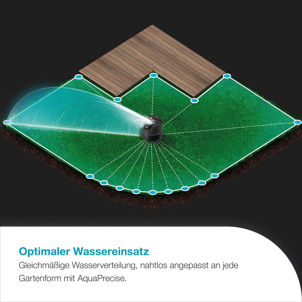Bewässerungssystem AquaPrecise für Rasenflächen bis 320 m² solarbetrieben mit Bluetooth Konturregnerkopf FlowBalance Ventil Montageplatte