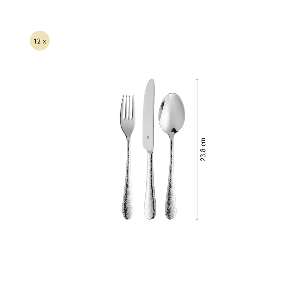 Besteck Set 60 teilig für 12 Personen, Sitello Serie aus Cromargan Edelstahl 18/10 poliert mit Hammerschlag, inklusive Monobloc-Messer