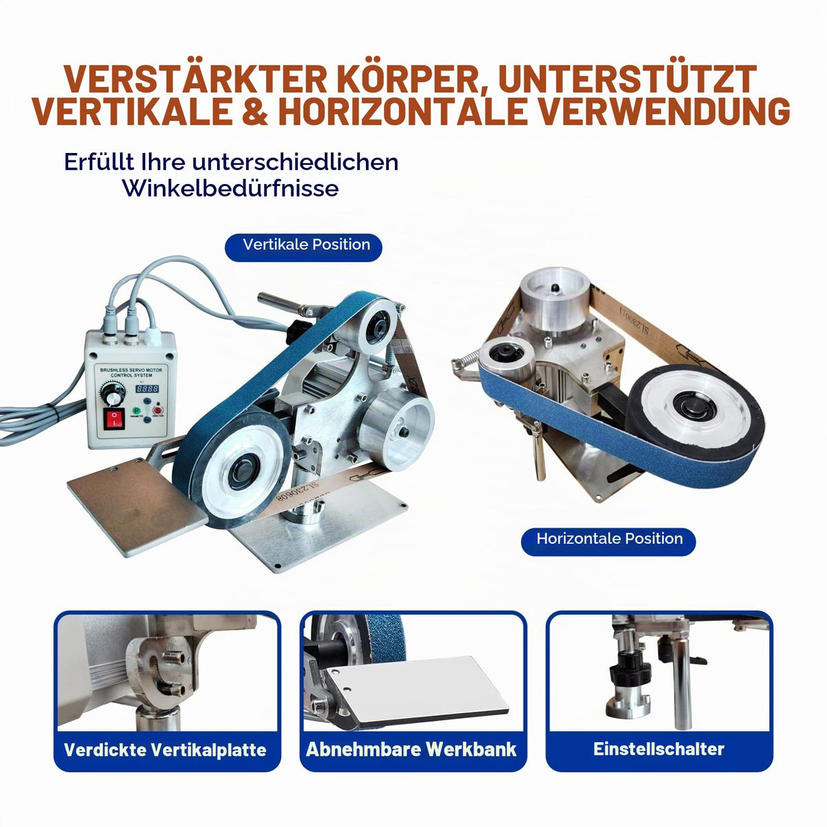 Bandschleifer 550 W mit 3 Schleifbändern 76,2 x 2,5 cm, Körnung 100/180/240, für Metall und Holz, Modell JLD10-8