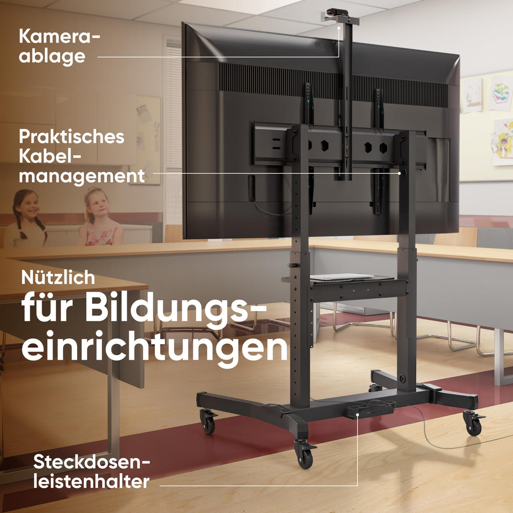 Rollbarer TV-Ständer TS1991-B für 50–100 Zoll bis 120 kg VESA 200x200–1000x600 höhenverstellbar neigbar mit AV- und Webcam-Ablage